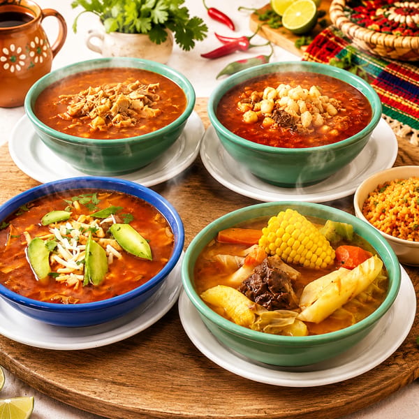 Four steaming bowls of various Mexican soups, including tortilla, pozole, and caldo de res, on a wooden board.