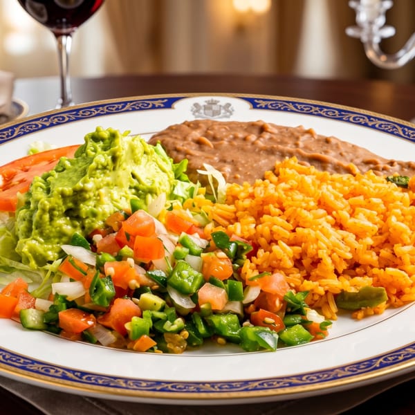 A plate of Mexican food with rice, refried beans, guacamole, pico de gallo, and lettuce.