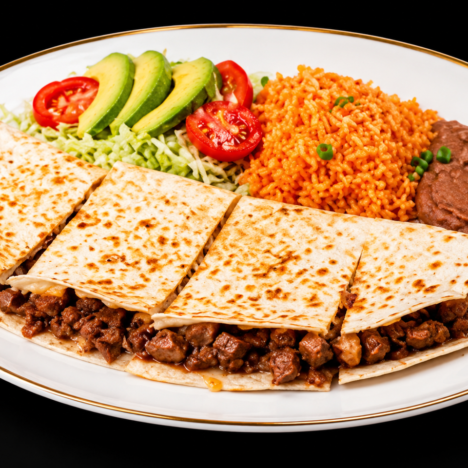 Beef quesadilla with rice, refried beans, shredded lettuce, avocado, and tomato slices on a white plate.