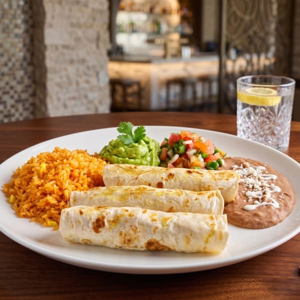 Three burritos, rice, refried beans, guacamole, and pico de gallo on a white plate.