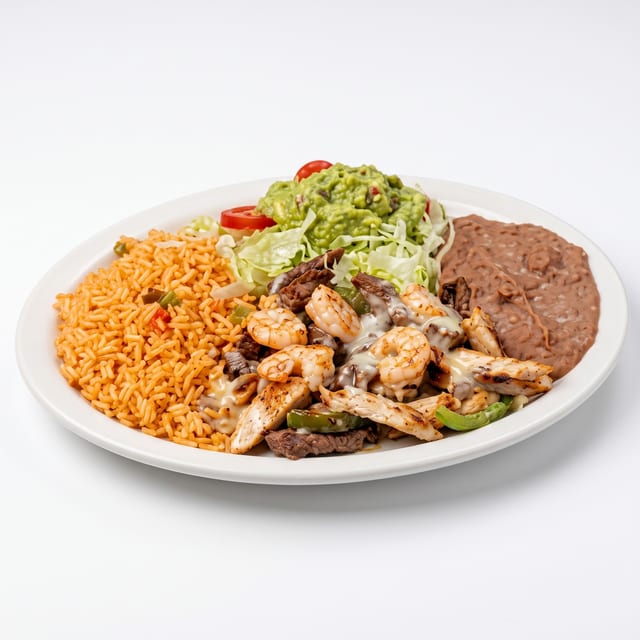 Shrimp, Beef & Chicken.